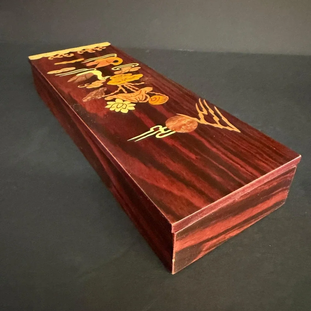Vintage Korean Inlay Wood Box KICAC‎ Duck/Crane Marquetry Red Velvet RARE